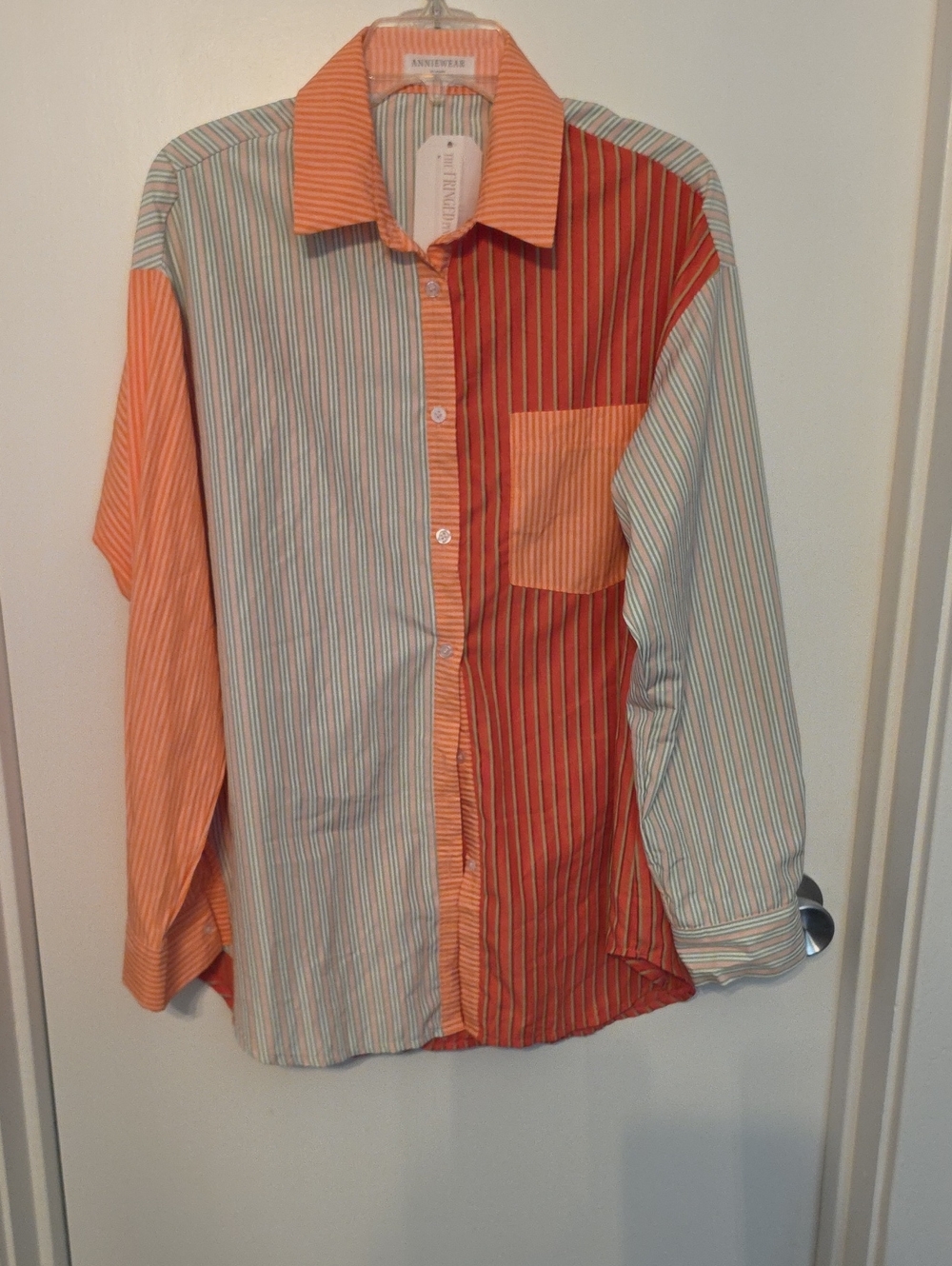 Mixed Stripe Button-Down Shirt in Orange and Light Green